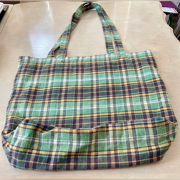 R13 Tote Bag Medium 2 Straps Oversized Flannel 💚 Green Plaid Grunge Street Luxe - Picture 11 of 16